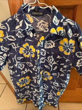 Structure Navy Floral Camp Shirt with Yellow Accents